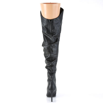 Rear angle showing ruched shaft and slim heel on black thigh high boot