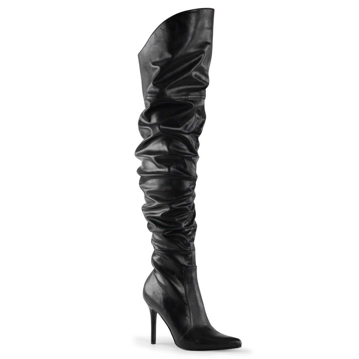 Black slouch thigh high stiletto boot with pointed toe