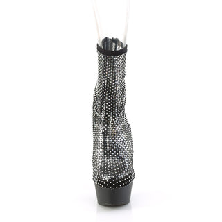 Front view of black rhinestone mesh ankle platform heel on white background