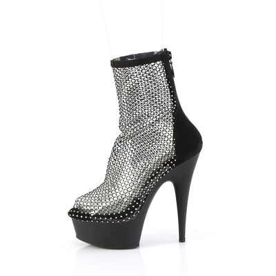 Side view of black rhinestone mesh ankle platform heel on white background