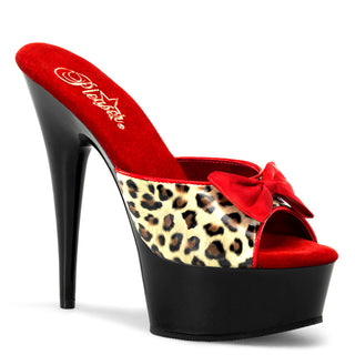 Retro pin-up high heel mule with leopard-print upper, red velvet insole, red bow detail, and black stiletto heel and platform.