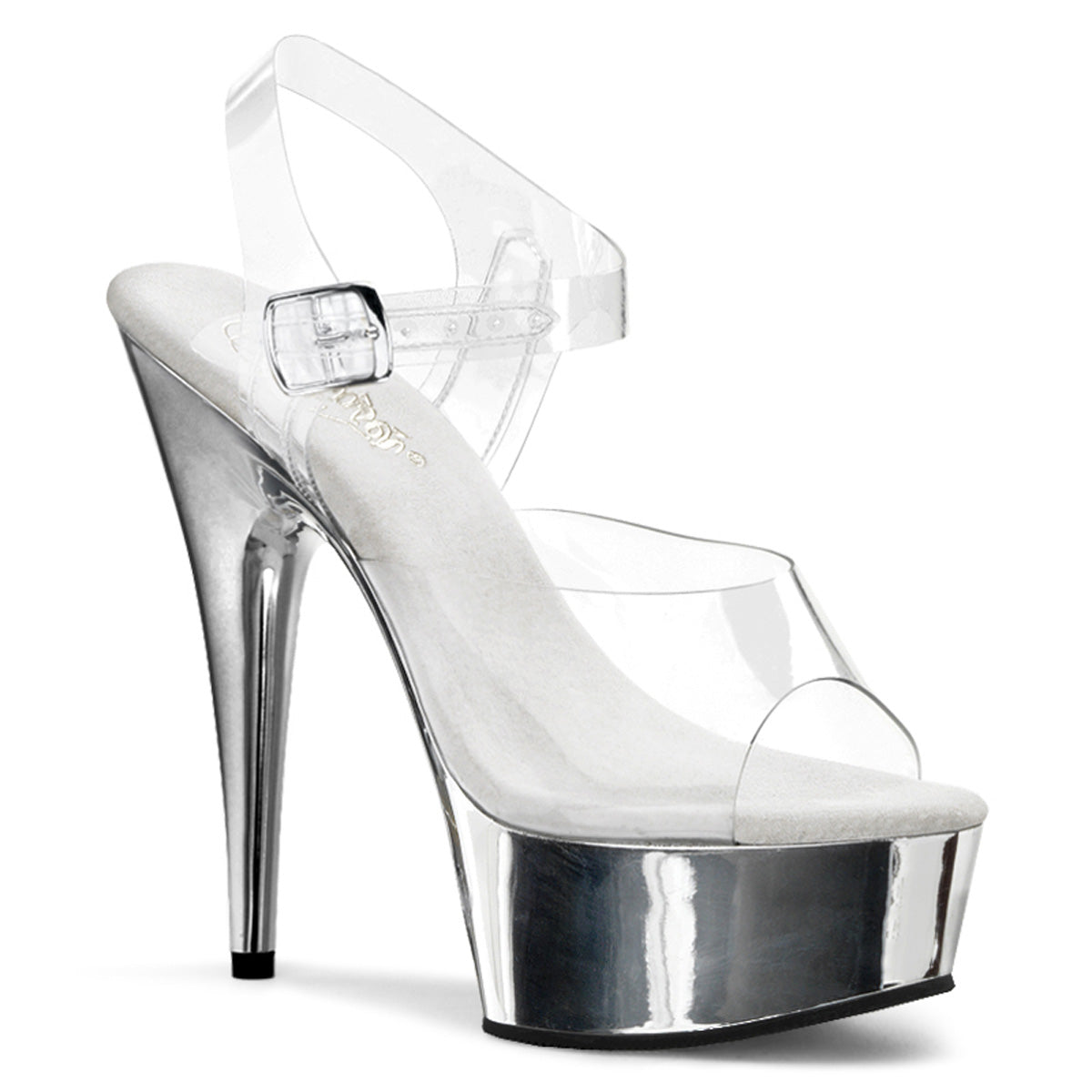 Clear platform sandal with silver chrome base, front angled view – Pleaser Delight-608