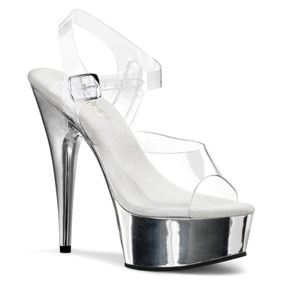 Clear platform sandal with silver chrome base, front angled view – Pleaser Delight-608