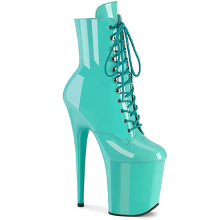 Pleaser Flamingo-1020 Aqua – 8 inch platform ankle boots with glossy vegan finish, front-facing hero view