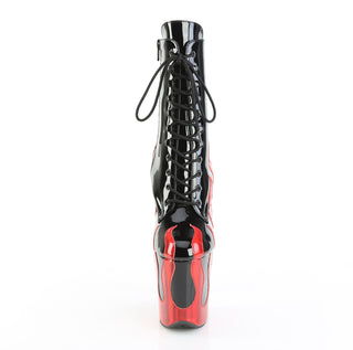 Front view of Pleaser Flamingo-1020FLM black patent ankle boot with red metallic flame design, 8-inch heel, and 4-inch platform on white background.