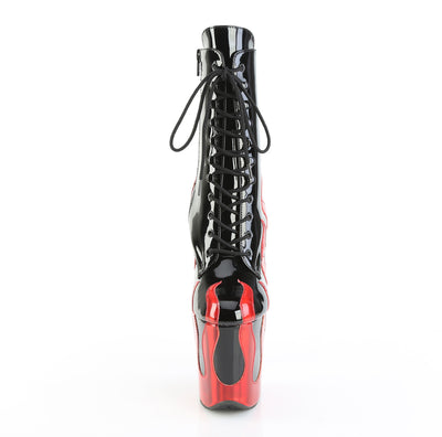 Front view of Pleaser Flamingo-1020FLM black patent ankle boot with red metallic flame design, 8-inch heel, and 4-inch platform on white background.