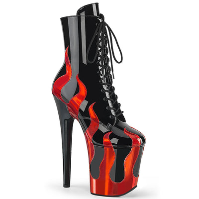 Pleaser Flamingo-1020FLM black patent ankle boot with red metallic flame design, 8-inch stiletto heel, and 4-inch platform on white background