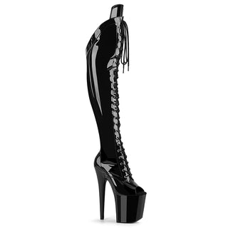 Pleaser Flamingo-3016 model black patent peep-toe thigh high platform boots with angled over-the-knee upper and lace-up front detail.