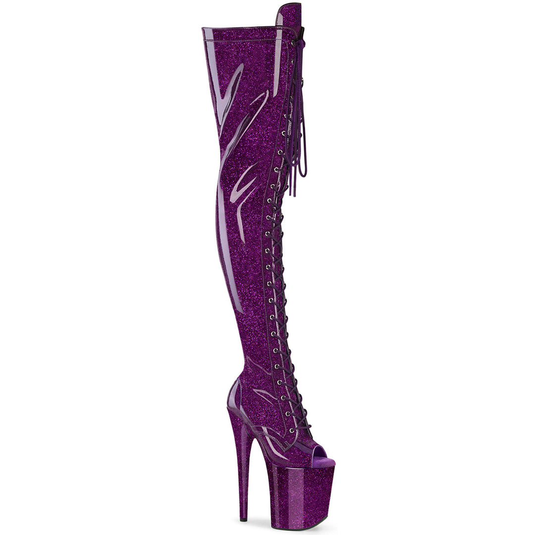 Pleaser Flamingo 3021GP Purple Glitter Peep Toe Thigh High Pole Boots OtherWorld Shoes