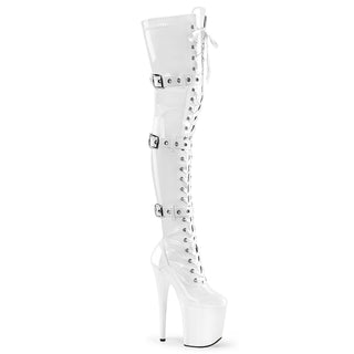 pleaser flamingo-3028 white platform thigh high boots with buckle straps