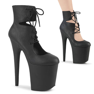 Black matte lace-up cutout ankle booties with closed toe, platform sole and high stiletto heels