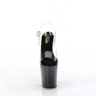 Front view of Flamingo-808SS Midnight Starfall platform heels with clear PVC straps and black glitter base