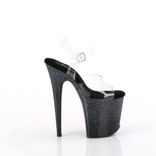 Outer side of Flamingo-808SS Midnight Starfall heels with adjustable ankle strap and black holographic glitter platform