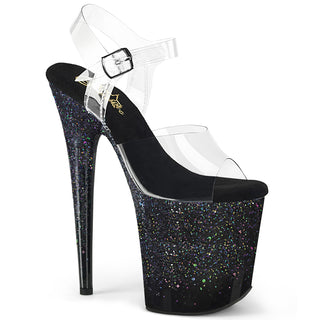 Pleaser Flamingo-808SS Midnight Starfall heels with jet-black glitter platform and clear straps