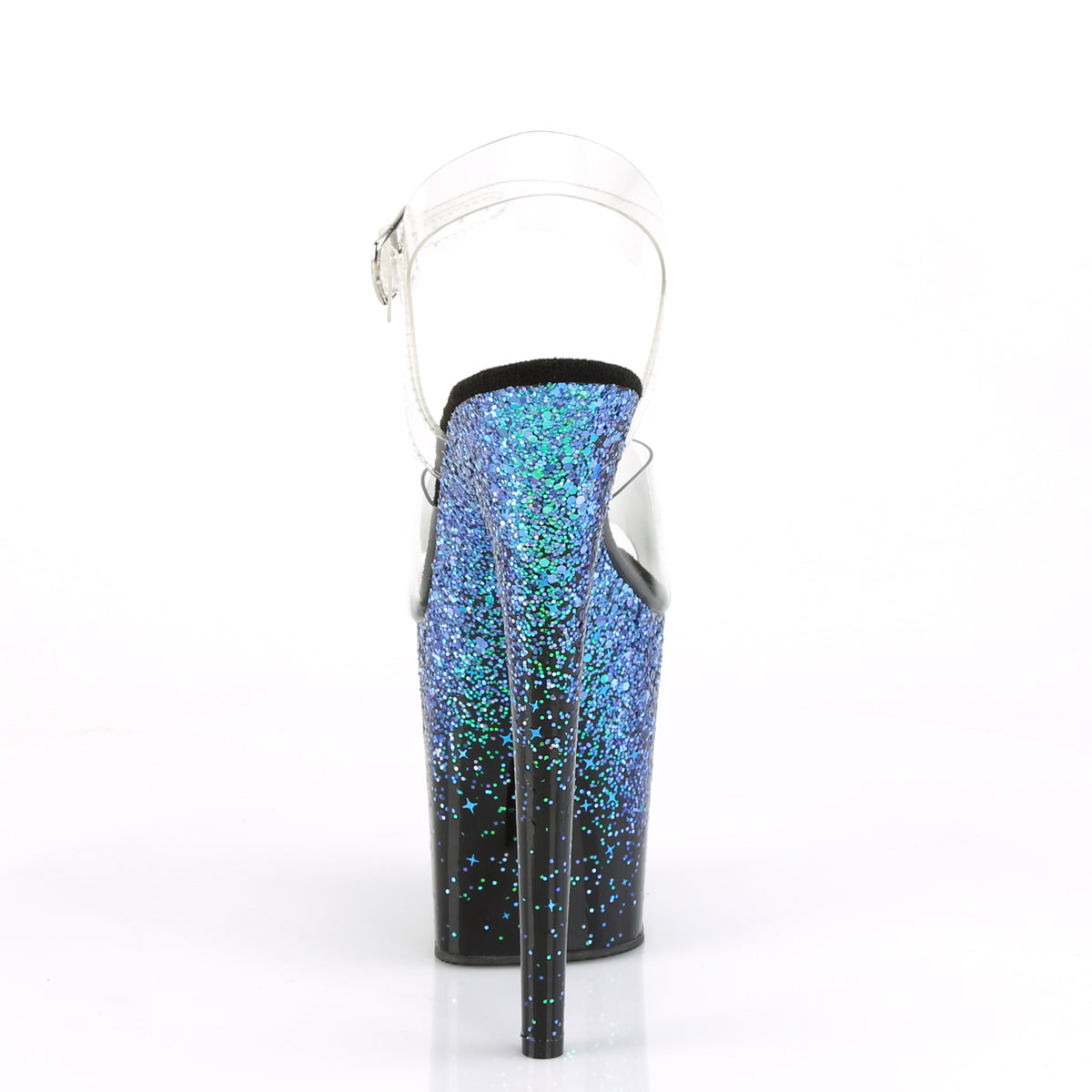Back side of Flamingo-808SS Blue platform heels featuring tall stiletto heel and cosmic glitter fade