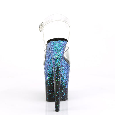 Back side of Flamingo-808SS Blue platform heels featuring tall stiletto heel and cosmic glitter fade