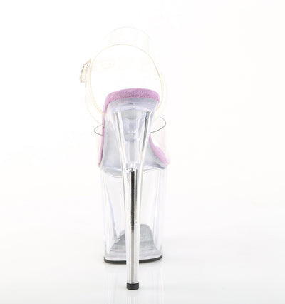 Pleaser Flamingo-808 sandal with lavender insole, clear upper, and acrylic platform, back view on white background.
