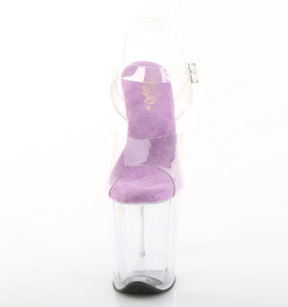 Pleaser Flamingo-808 sandal with lavender insole, clear upper, and acrylic platform, front view on white background.