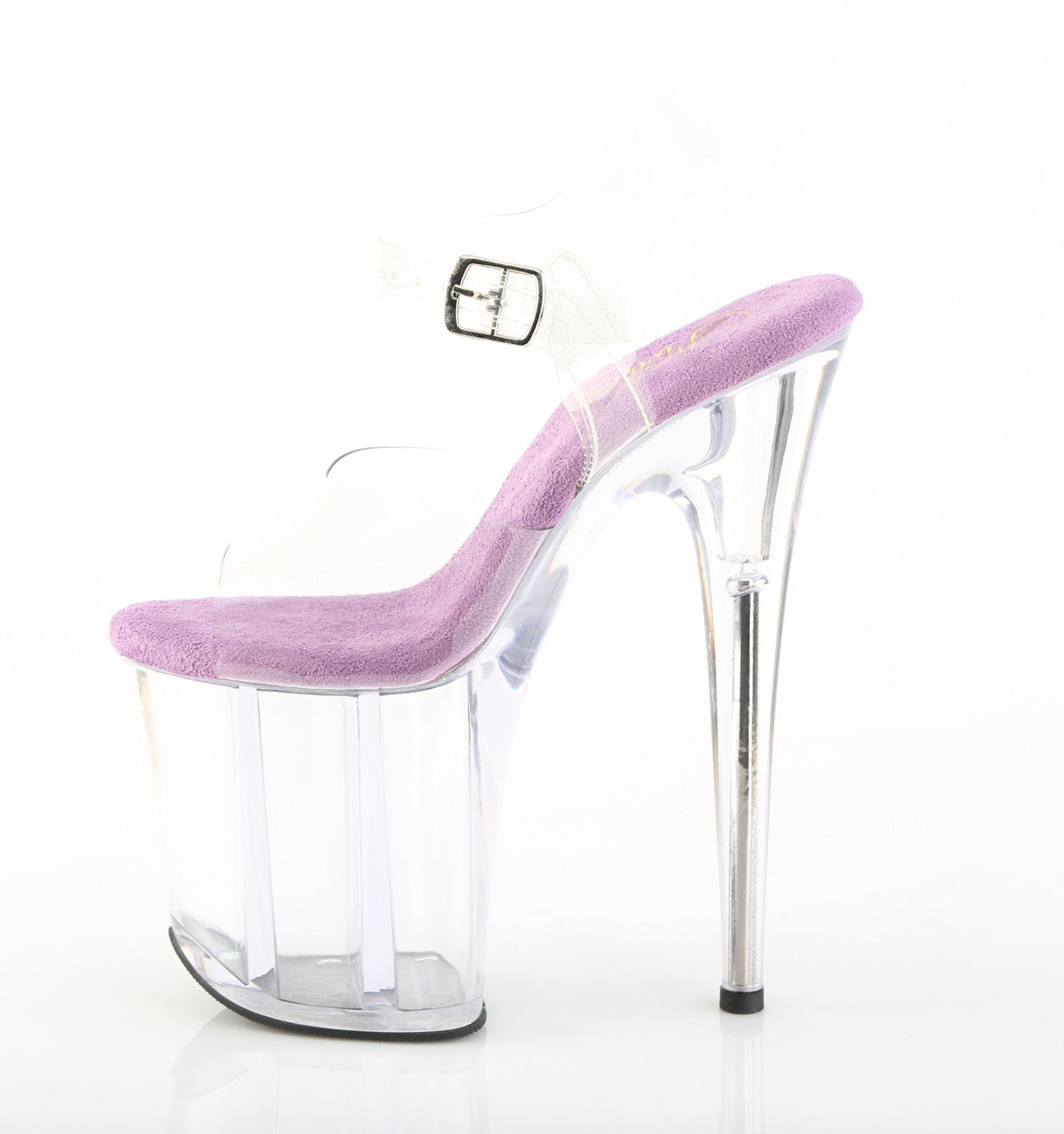 Pleaser Flamingo-808 sandal with lavender insole, clear upper, and acrylic platform, outer side view on white background.
