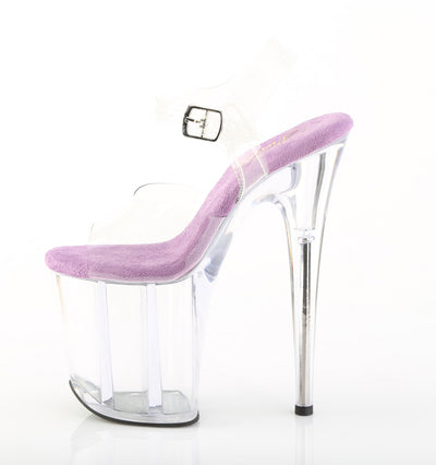 Pleaser Flamingo-808 sandal with lavender insole, clear upper, and acrylic platform, outer side view on white background.