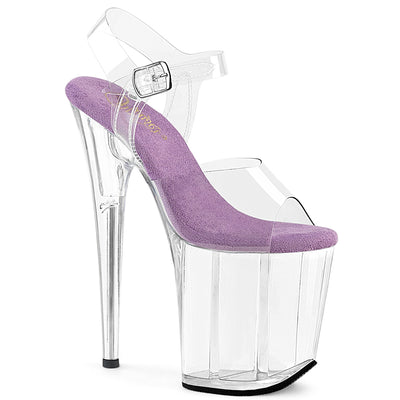 Pleaser Flamingo-808 lavender insole sandal with clear 8-inch stiletto heel and acrylic platform, shown on white background.