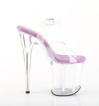 Pleaser Flamingo-808 sandal with lavender insole, clear upper, and acrylic platform, inner side view on white background.
