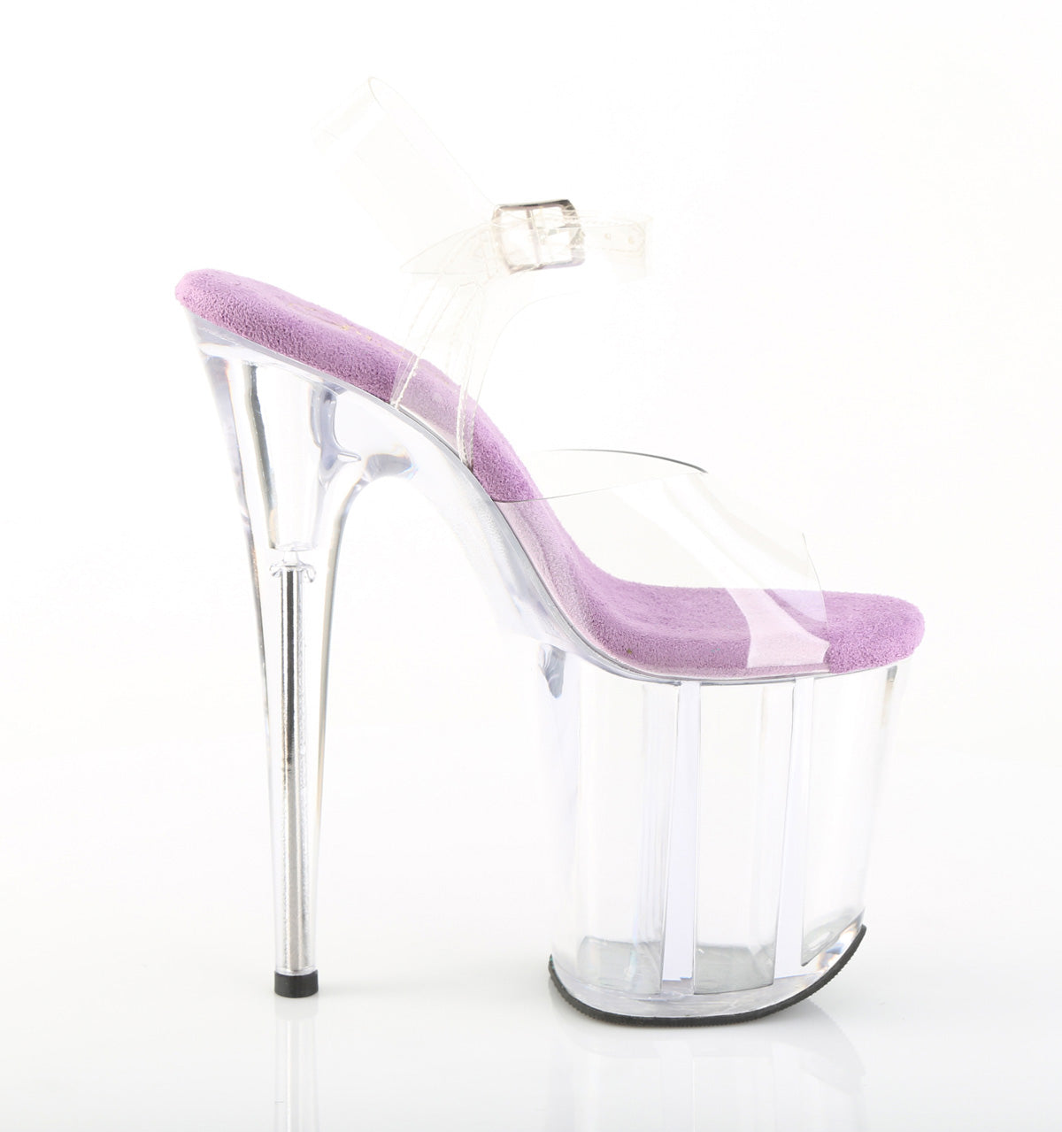 Pleaser Flamingo-808 sandal with lavender insole, clear upper, and acrylic platform, inner side view on white background.