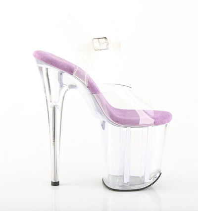Pleaser Flamingo-808 sandal with lavender insole, clear upper, and acrylic platform, inner side view on white background.