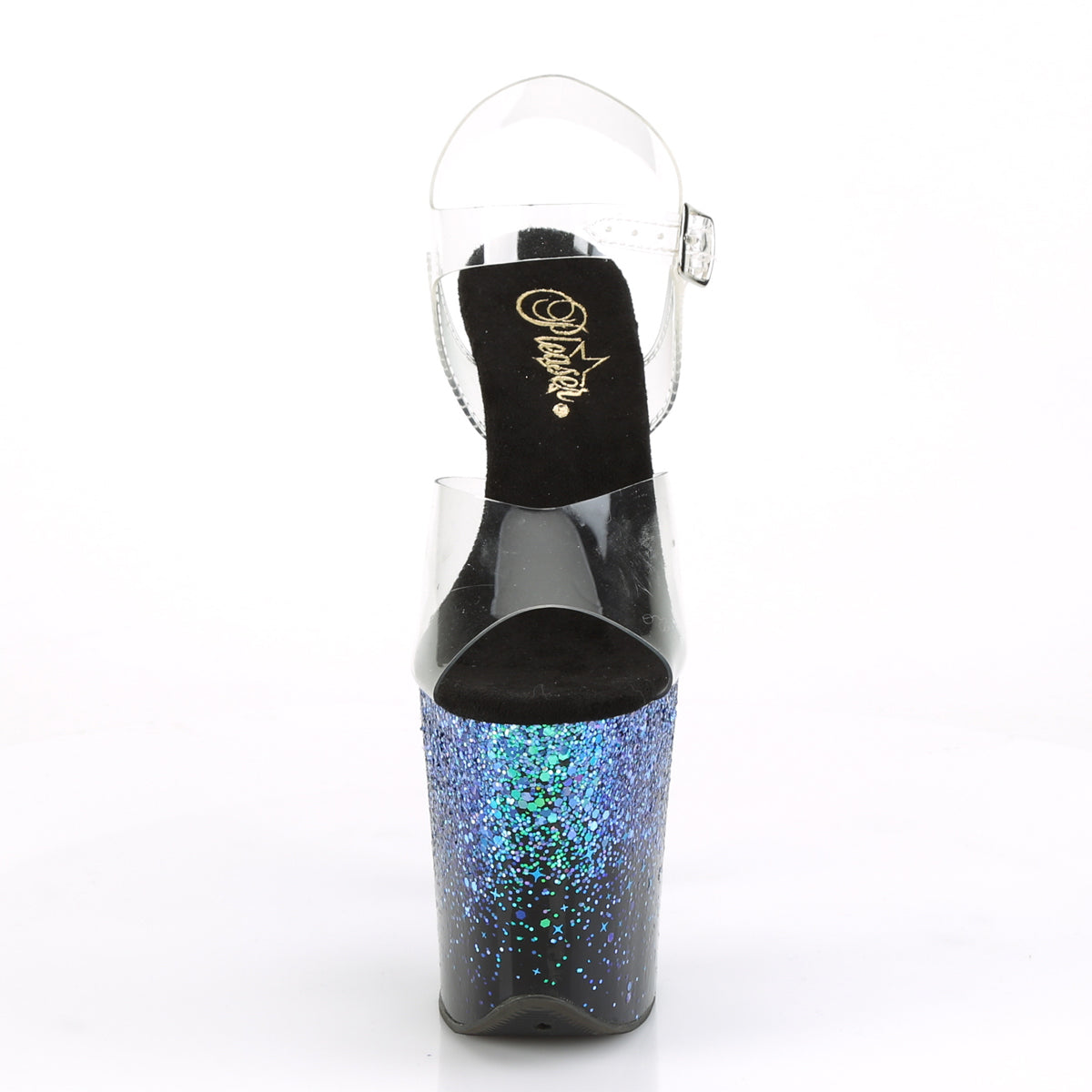Front view of Flamingo-808SS Blue platform stiletto with clear straps and cosmic glitter gradient