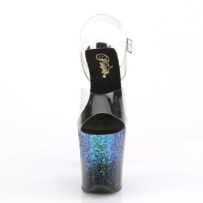 Front view of Flamingo-808SS Blue platform stiletto with clear straps and cosmic glitter gradient