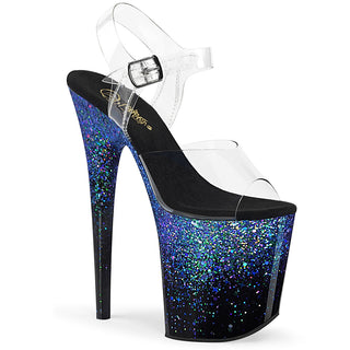 Pleaser Flamingo-808SS Blue platform heels with clear straps and blue-to-black holographic glitter