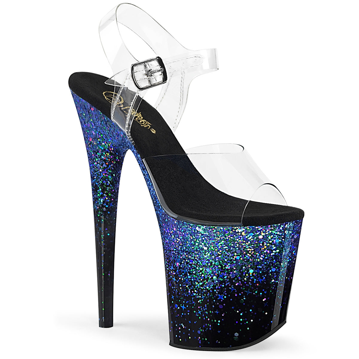Pleaser Flamingo-808SS Blue platform heels with clear straps and blue-to-black holographic glitter
