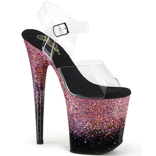 Pleaser Flamingo-808SS pink glitter platform pole heels with clear straps