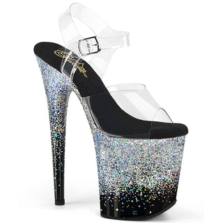 Pleaser Flamingo-808SS Silver glitter platform pole heels with clear straps