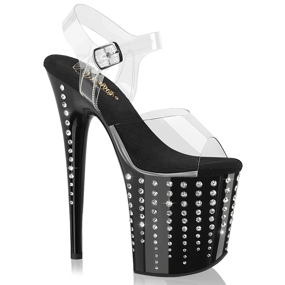Pleaser Flamingo-808TDRS black clear rhinestone platform sandal with ankle strap