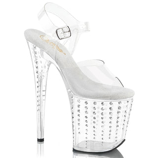 Pleaser flamingo-808tdrs clear platform high-heel sandal with rhinestones on a white background