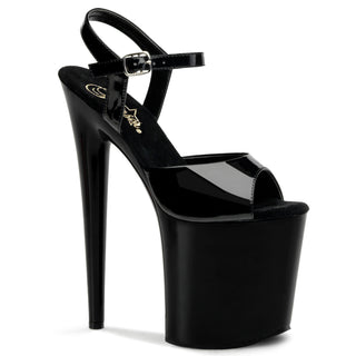 Pleaser Flamingo-809 black patent high platform pole sandals with ankle strap and stiletto heel