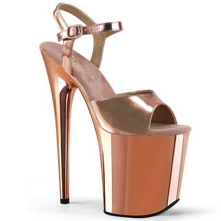 Pleaser Flamingo-809 rose gold chrome platform sandals with 8-inch heel, 4-inch platform and ankle strap on white background