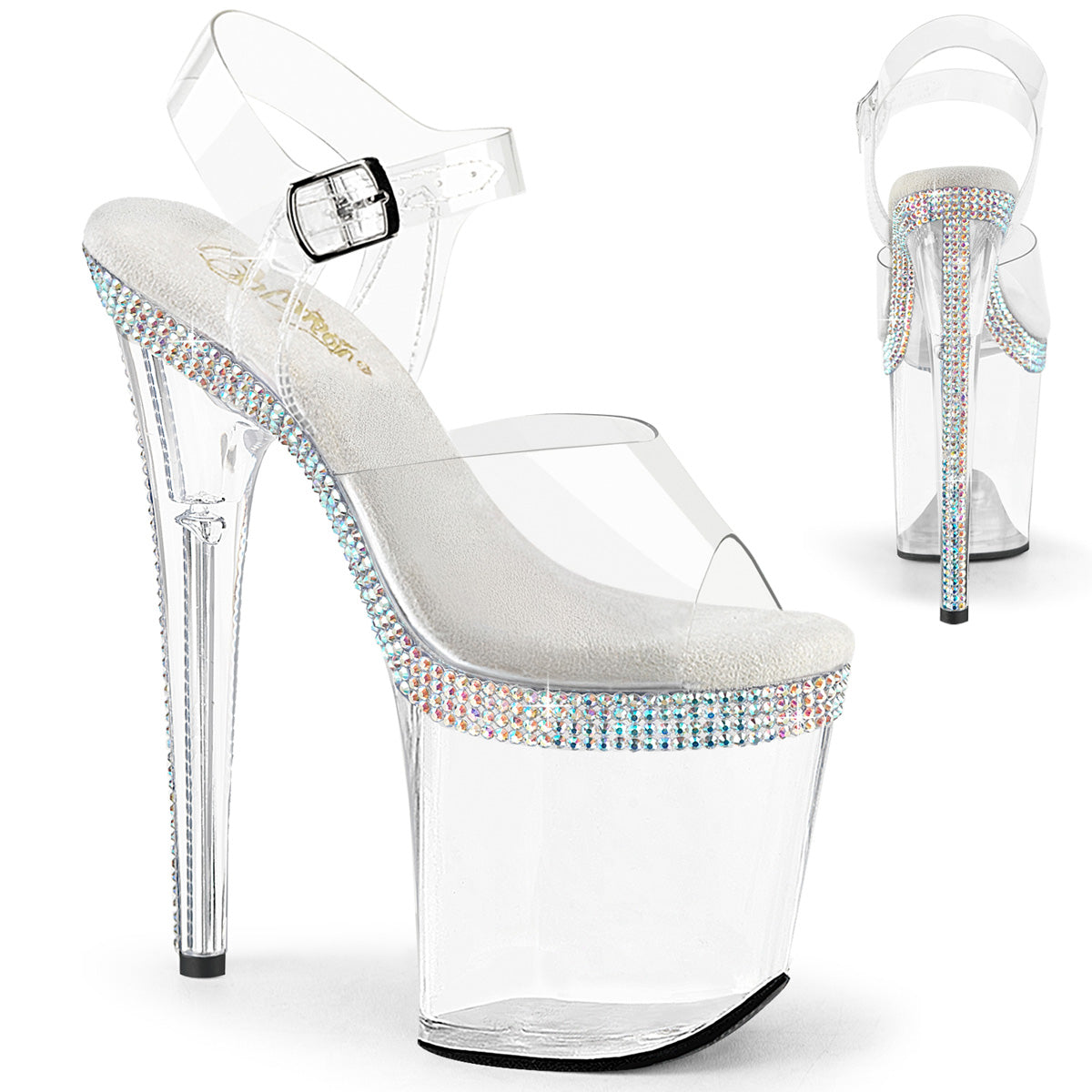 Clear high heel sandal with a rhinestone-trimmed platform and ankle strap.