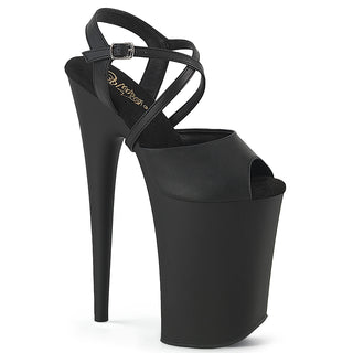 Black 9 inch platform sandal with extreme stiletto heel and criss cross ankle straps