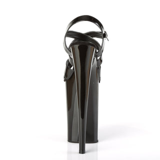 Black 9-inch platform heels, back view showing stiletto heel and ankle strap.