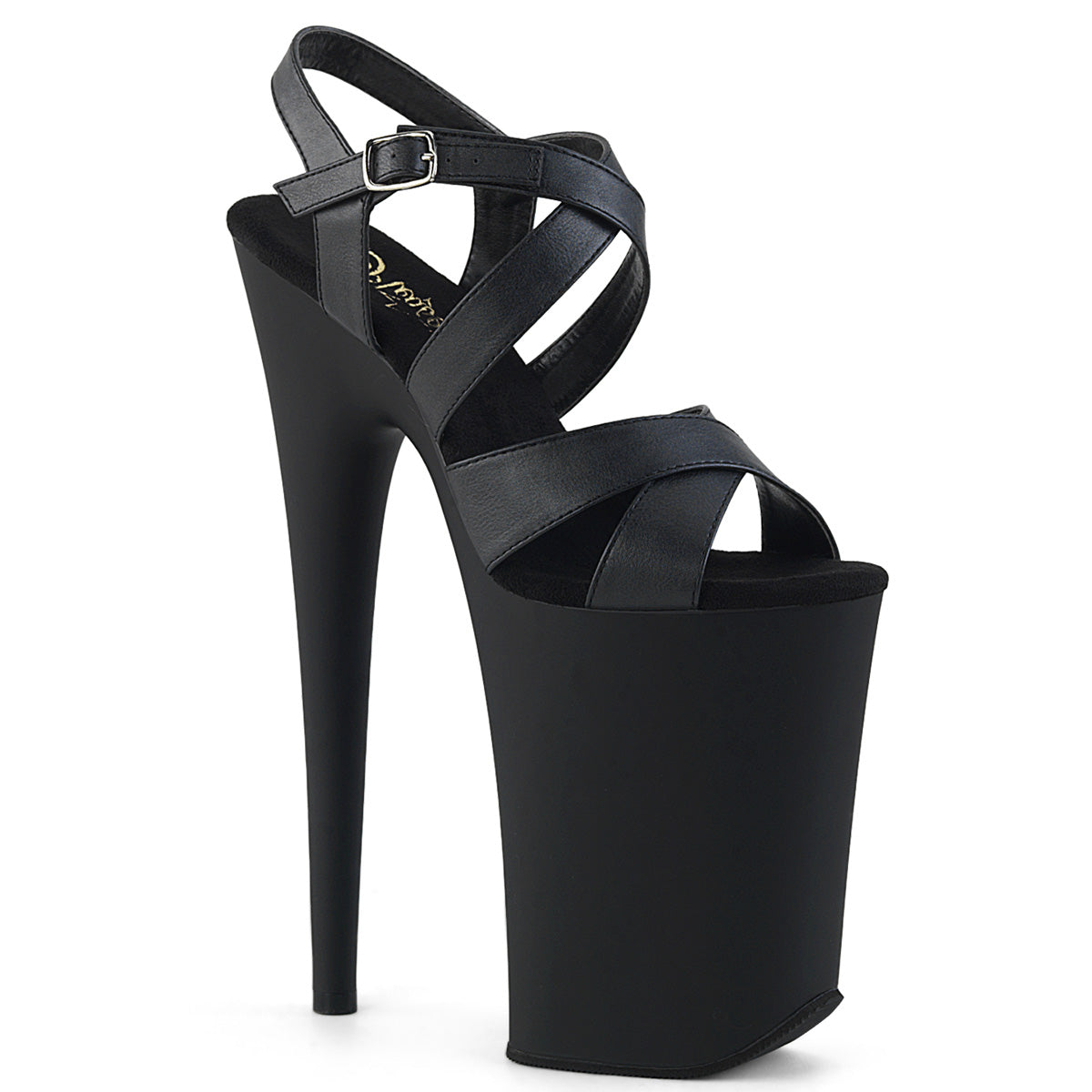 Pleaser Infinity-997 black matte 9-inch extreme platform heel with criss-cross straps and ankle buckle studio background.