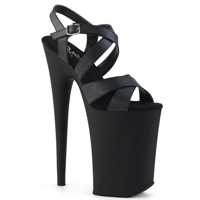 Pleaser Infinity-997 black matte 9-inch extreme platform heel with criss-cross straps and ankle buckle studio background.