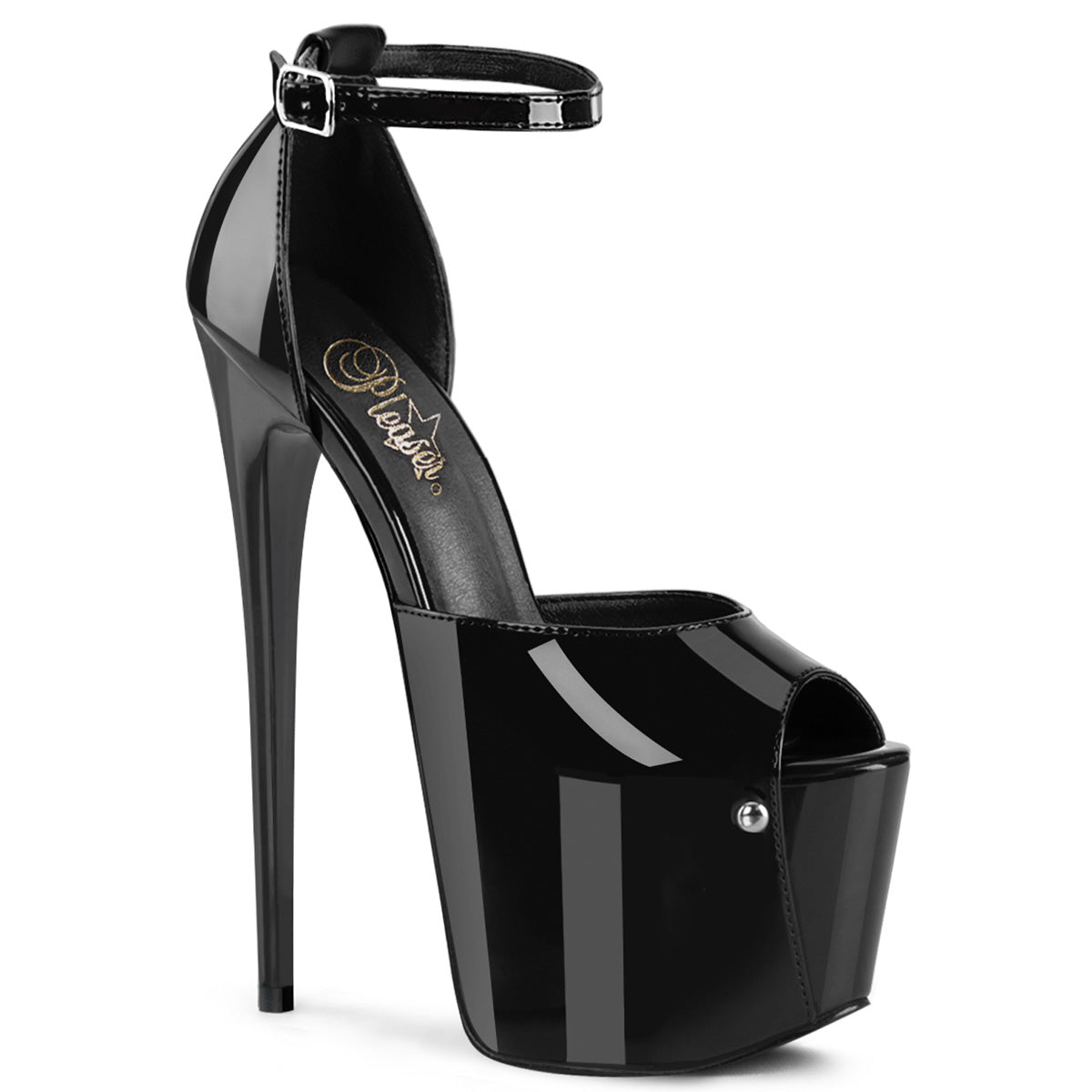 Pleaser Jubilant-15 black 7-inch stiletto platform sandal with glossy patent upper, ankle strap, and front screw detail on a white background