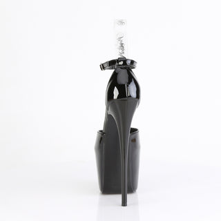 Back view of Pleaser Jubilant-15 black 7-inch stiletto platform sandal with clear ankle strap and glossy patent finish, shown on a white background
