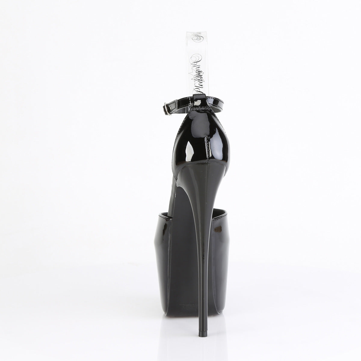 Back view of Pleaser Jubilant-15 black 7-inch stiletto platform sandal with clear ankle strap and glossy patent finish, shown on a white background