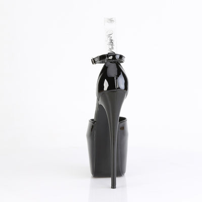 Back view of Pleaser Jubilant-15 black 7-inch stiletto platform sandal with clear ankle strap and glossy patent finish, shown on a white background