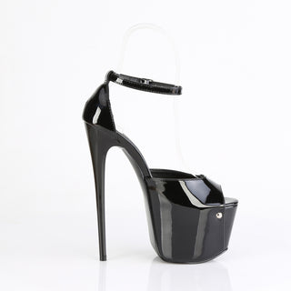 Pleaser Jubilant-15 black 7-inch stiletto platform sandal with clear ankle strap, glossy patent finish, and metal screw detail on white background