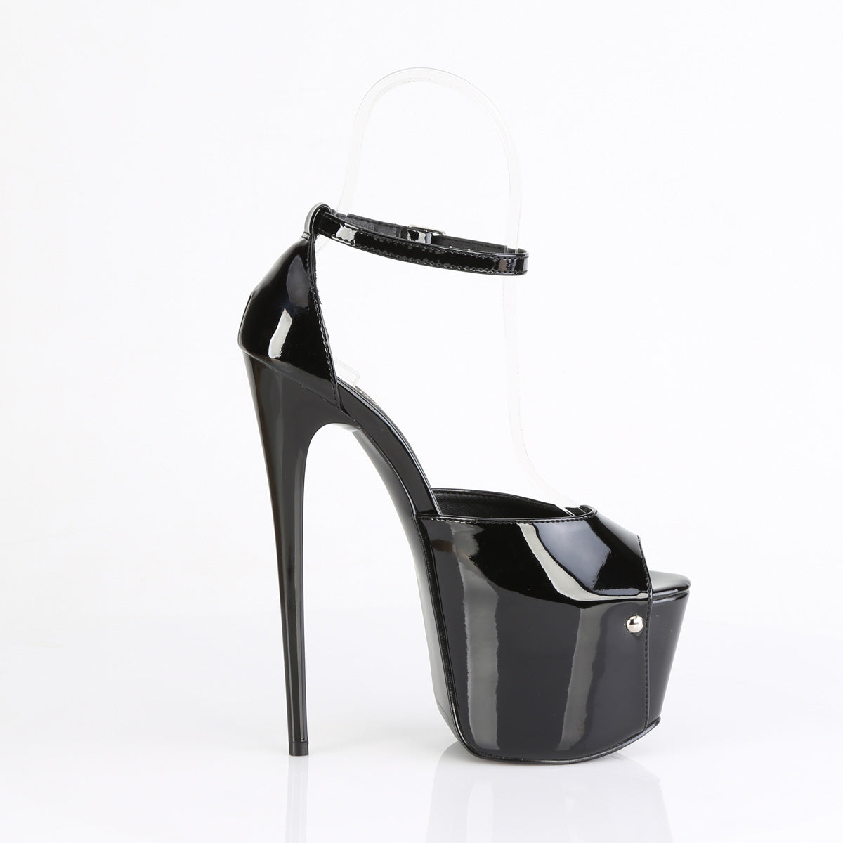 Pleaser Jubilant-15 black 7-inch stiletto platform sandal with clear ankle strap, glossy patent finish, and metal screw detail on white background