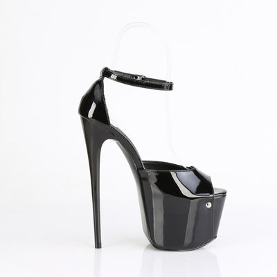 Pleaser Jubilant-15 black 7-inch stiletto platform sandal with clear ankle strap, glossy patent finish, and metal screw detail on white background